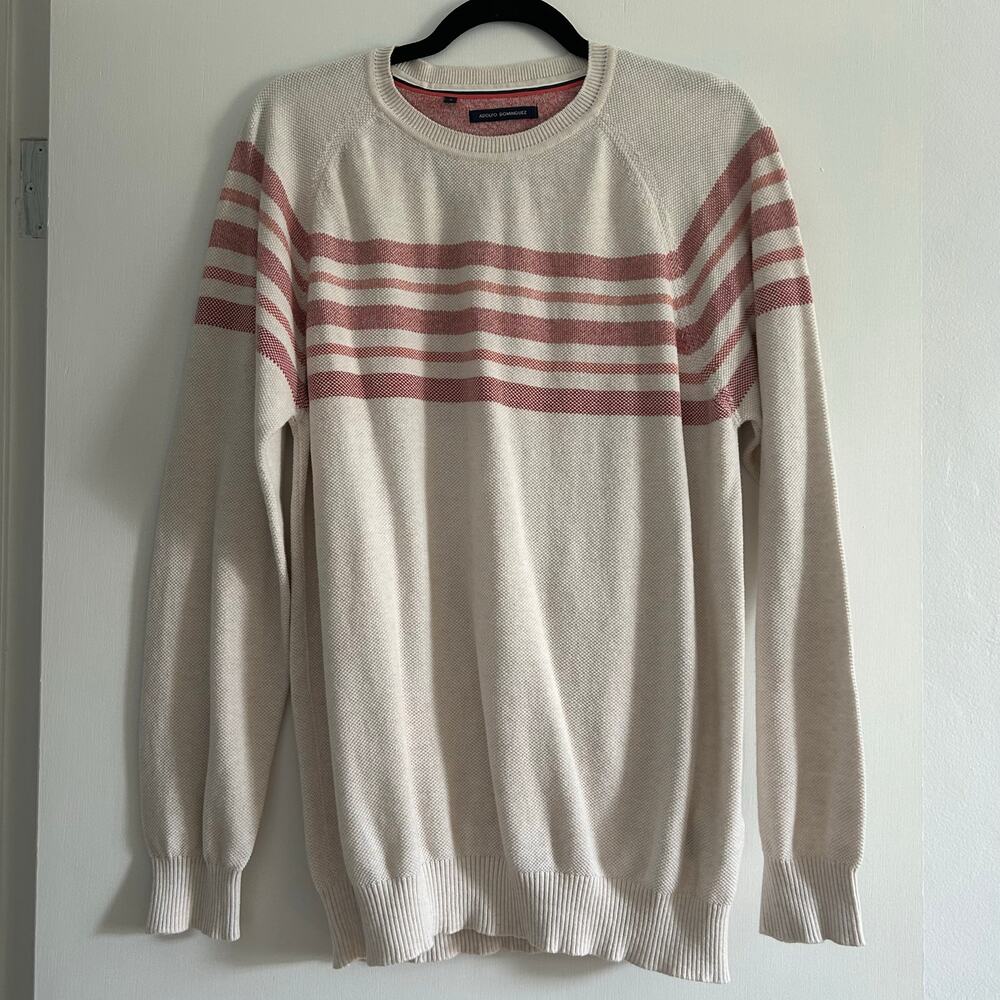 Adolfo Dominguez Men’s Striped Cotton Knit Sweater Cream Red Size 7 (Large)